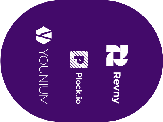 Logo för Younium, Plock io och Revny