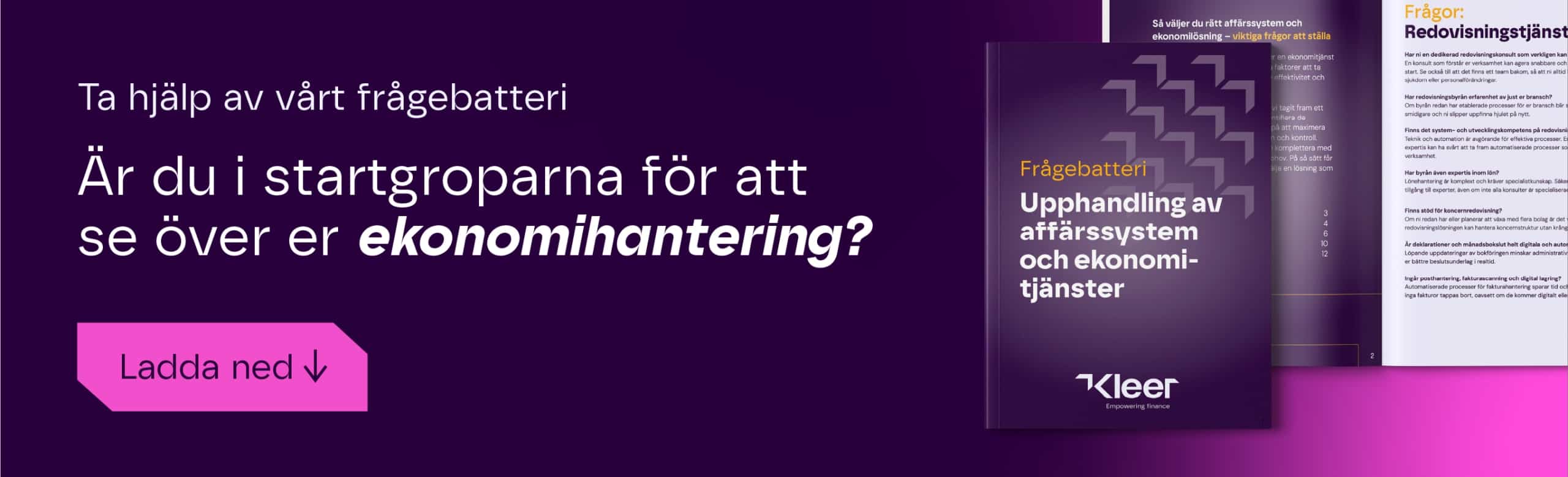 Banner med budskap om att ladda ner ett frågebatteri inför upphandling av affärssystem och ekonomihantering, från Kleer.