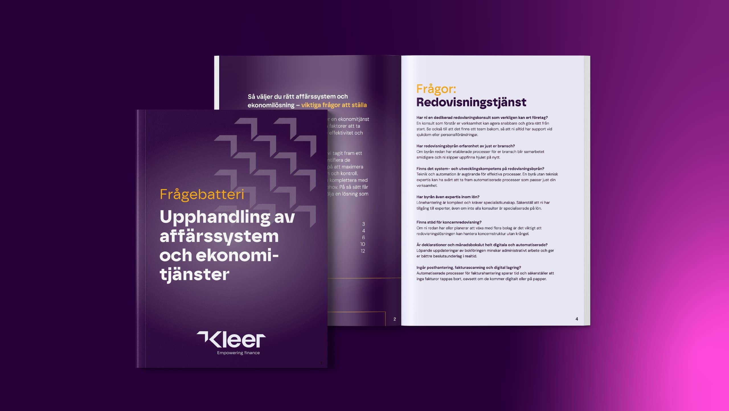 Guide från Kleer som hjälper företag vid upphandling av affärssystem och ekonomitjänster, med konkreta frågor att ställa till redovisningsleverantörer.