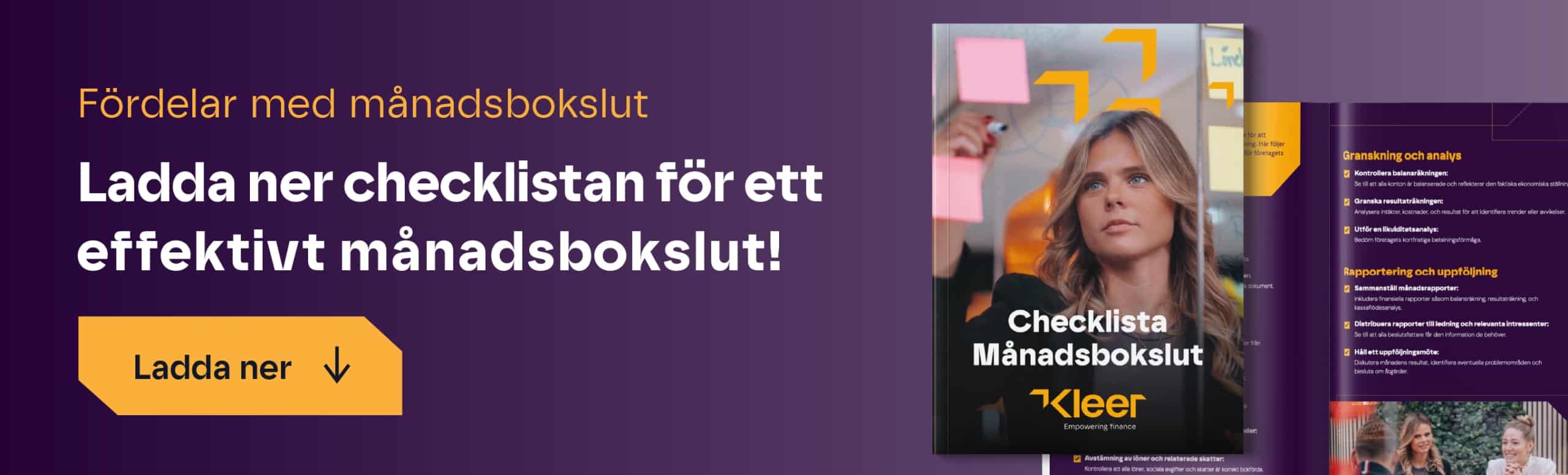 Banner för nedladdning av månadsbokslut checklista med en eftertänksam affärsperson som omslagsbild.