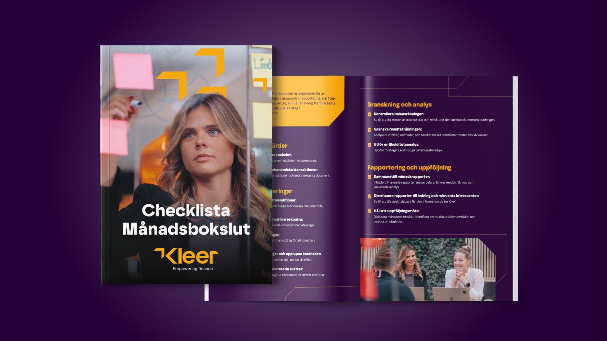 Detaljbild på en nedladdningsbar checklista för månadsbokslut med fokuspunkter såsom balansräkning, resultat och månadsrapport.