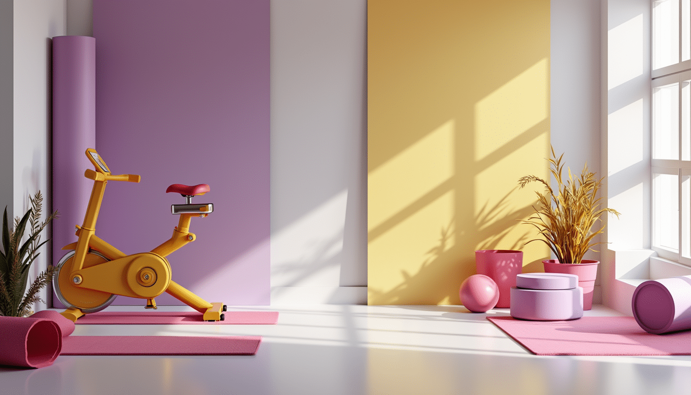Ett rum fyllt med föremål från en hälso- och friskvårds klinik som friskvårdsbidrag kan användas till. Skivstänger, yogamattor, en motionscykel och mycket mer.